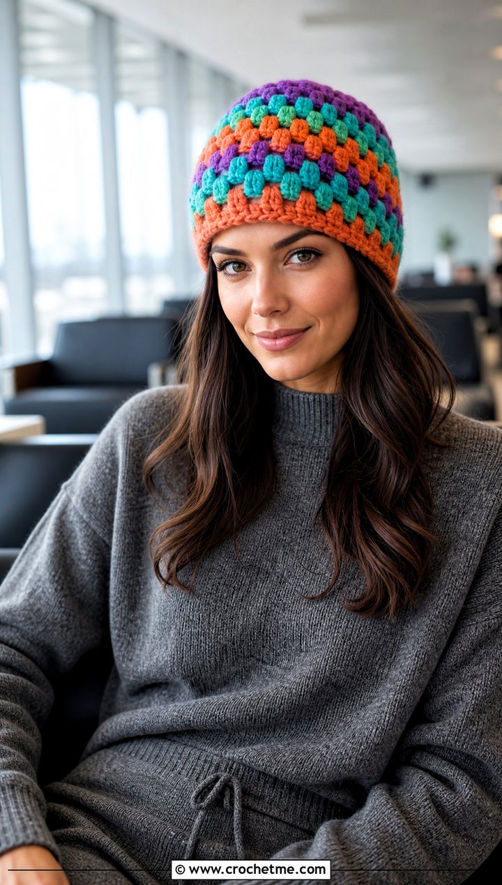 Multicolor Granny Stitch Beanie With Monochrome Knit Set - 30 crochet granny stitch hat outfit ideas
