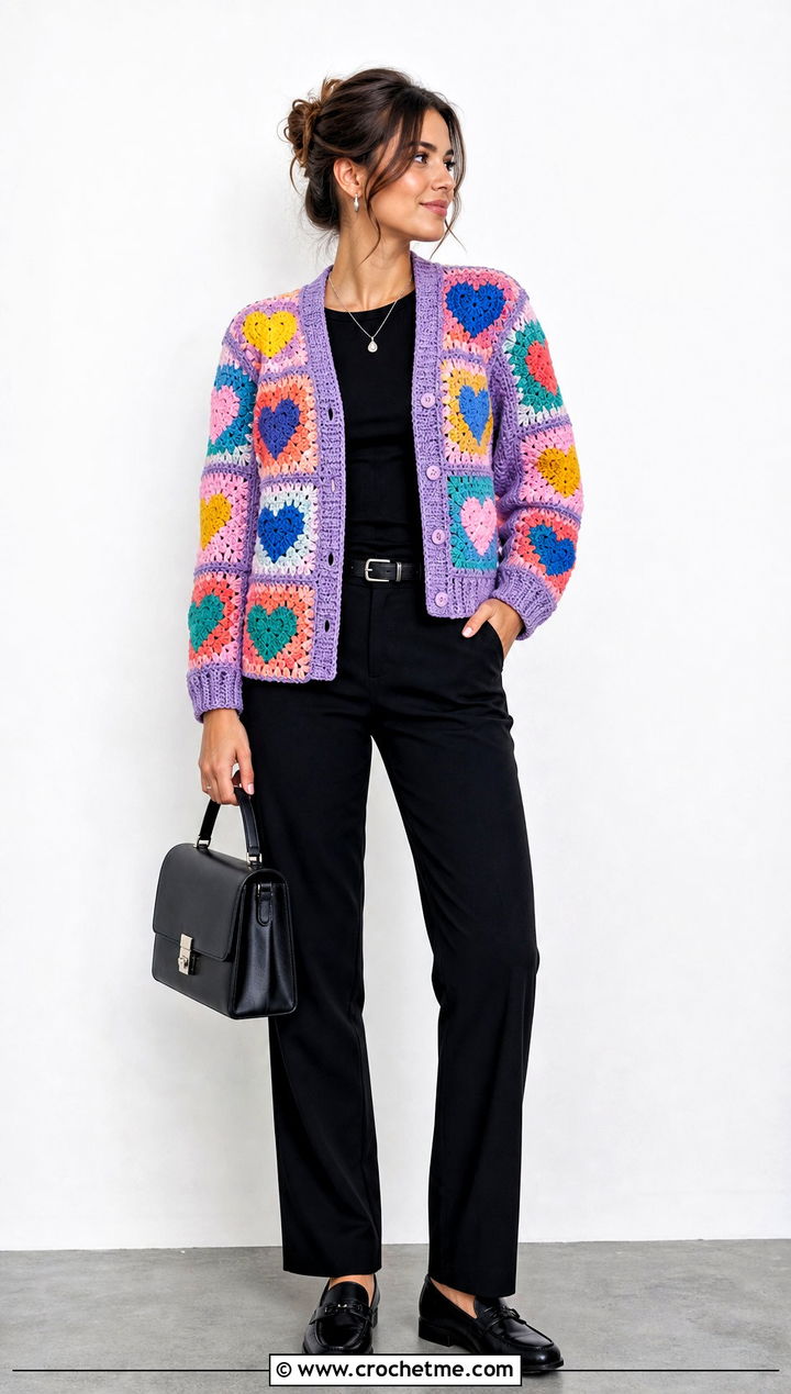 Multicolor Heart Granny Square Cardigan With Monochrome Basics - 35 Heart Granny Square Cardigan outfit ideas