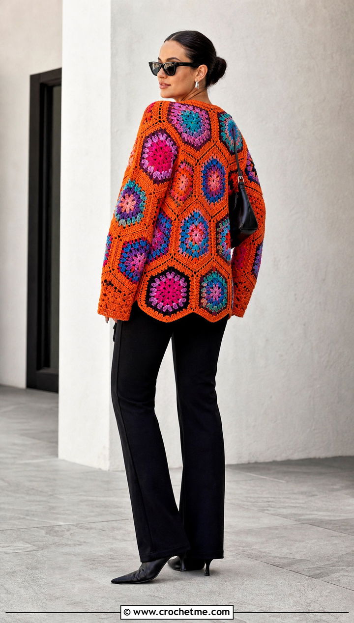 Multicolor Hexagon Cardigan With Granny Square Back And All Black Outfit - 20 Hexagon Cardigan With Granny Square Back outfit ideas