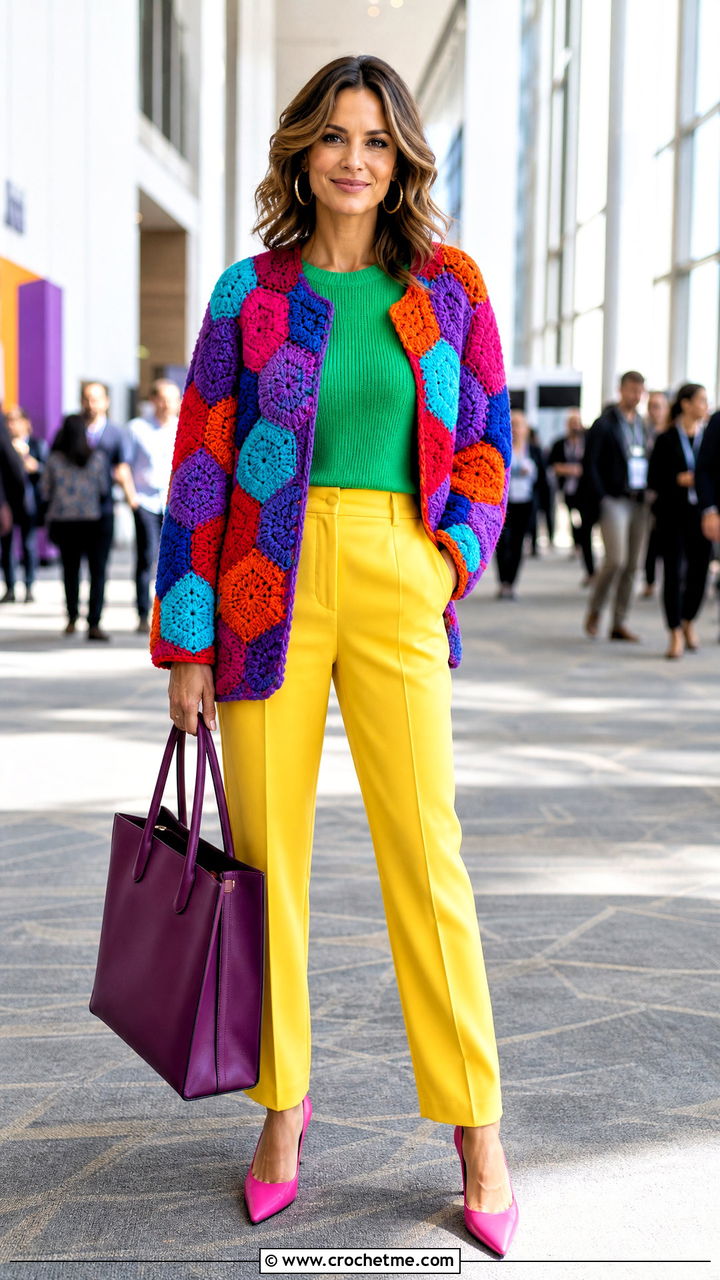 Multicolor Hexagon Cardigan With Minimalist Suiting - 35 crochet hexagon cardigan outfit ideas