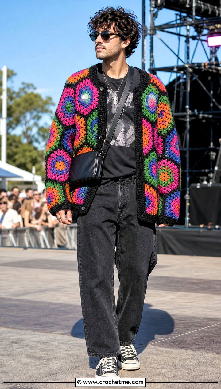 Multicolor Hexagon Crochet Cardigan With Graphic T Shirt - 35 men hexagon crochet cardigan outfit ideas