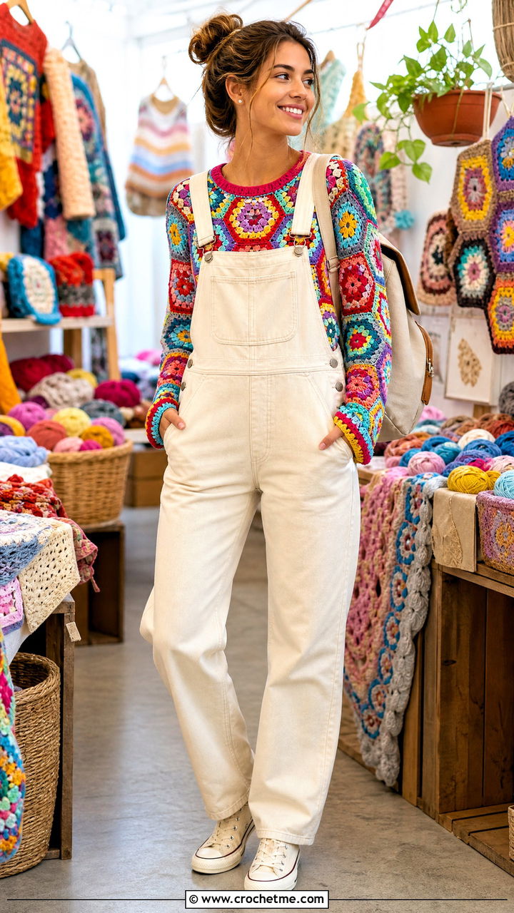 Multicolor Hexagon Pullover With Ecru Overalls - 35 crochet hexagon pullover outfit ideas