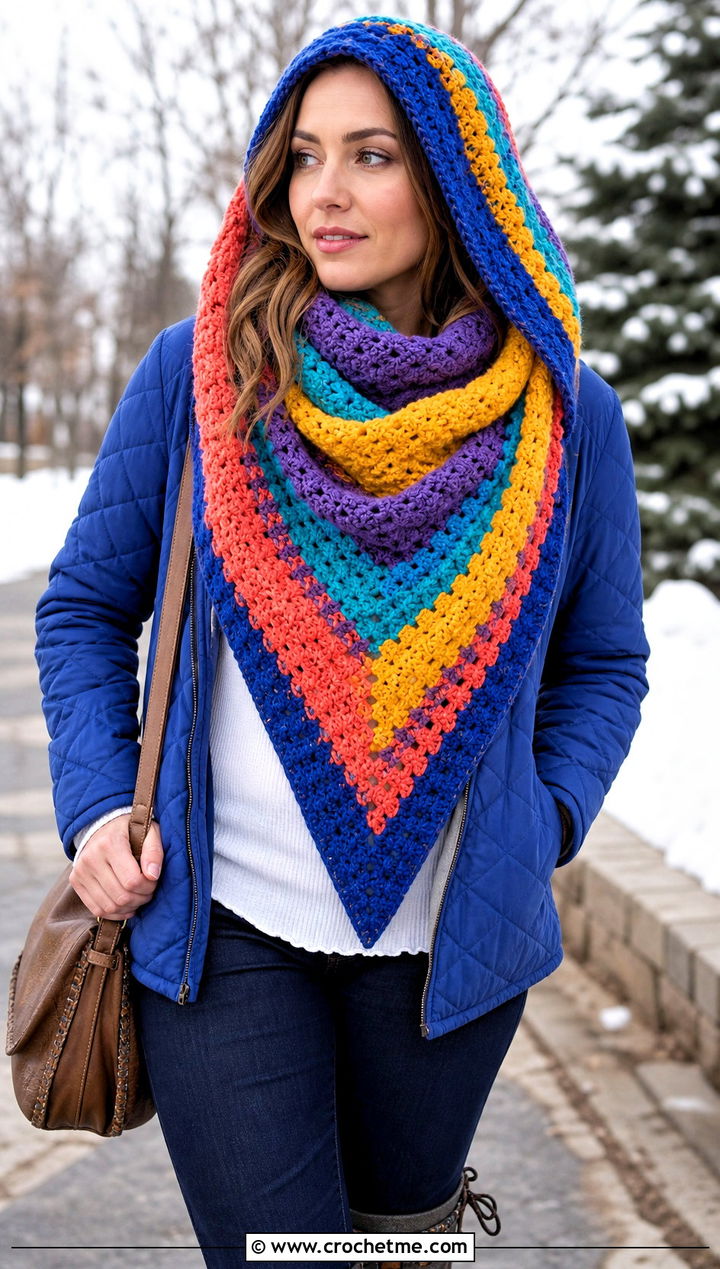Multicolor Hooded Triangle Crochet Scarf With Quilted Jacket - 25 Hooded Triangle Crochet Scarf outfit ideas