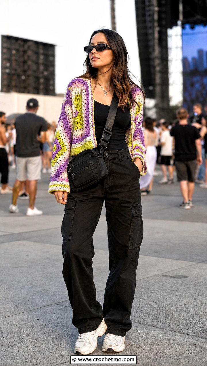Multicolor Howl Crochet Cardigan With Black Cargo Pants - 25 Howl Crochet Cardigan outfit ideas