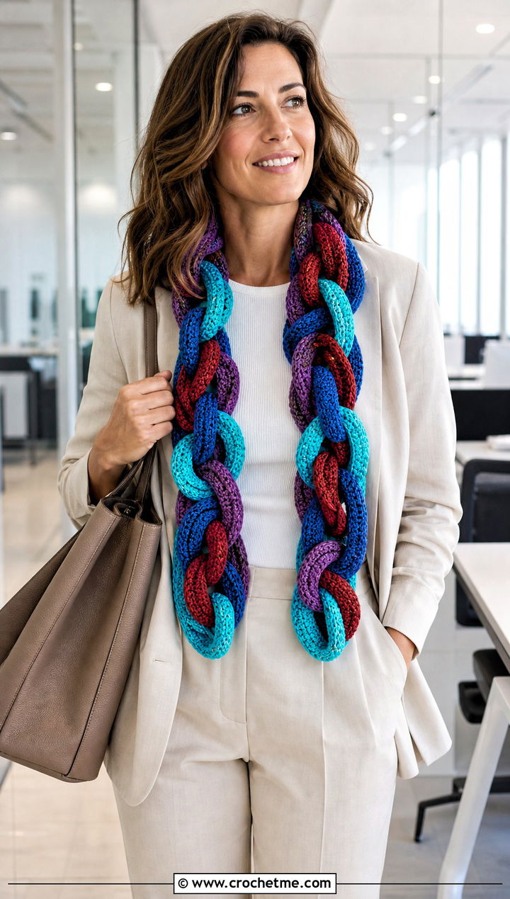 Multicolor Interlocking Ring Crochet Scarf With Neutral Suit And Sneakers - 15 Chain Link Crochet Scarf outfit ideas