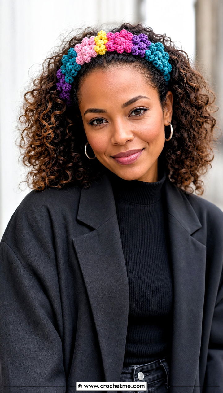Multicolor Jasmine Stitch Headband With Black Outfit - 20 Crochet Jasmine Stitch Headband outfit ideas
