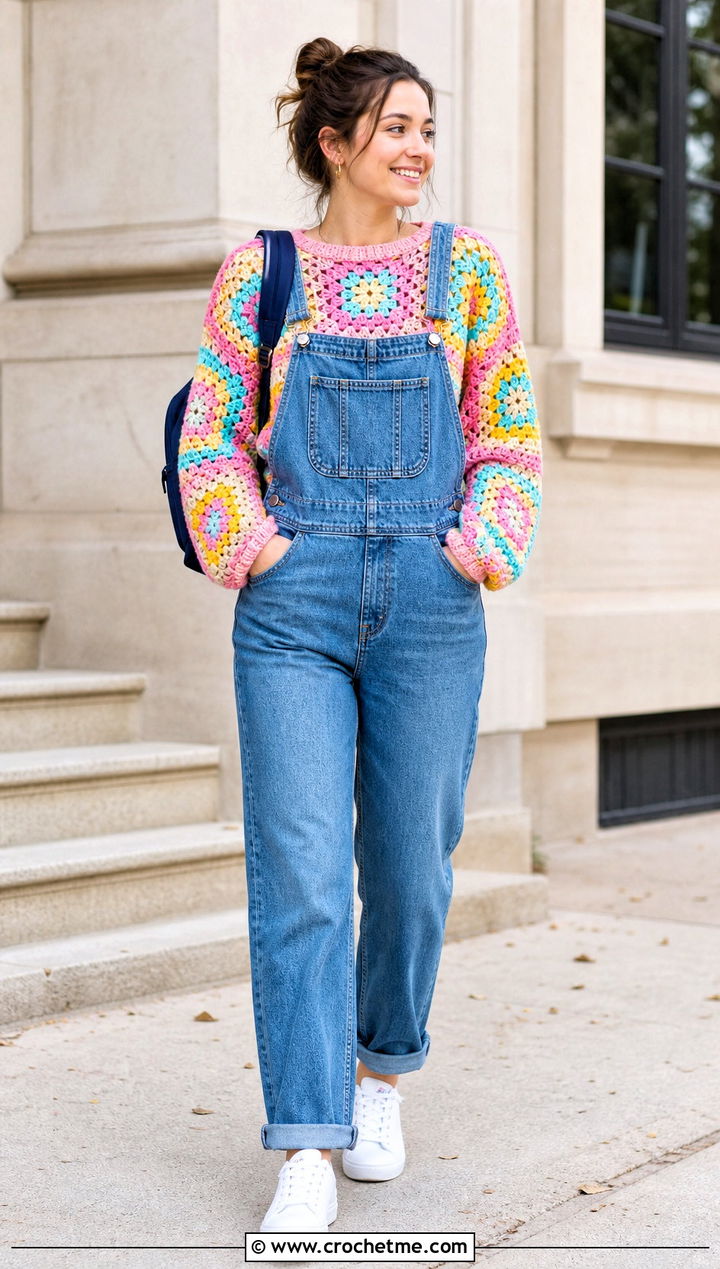 Multicolor Large Granny Square Sweater With Denim Overalls - 35 large granny square sweater outfit ideas