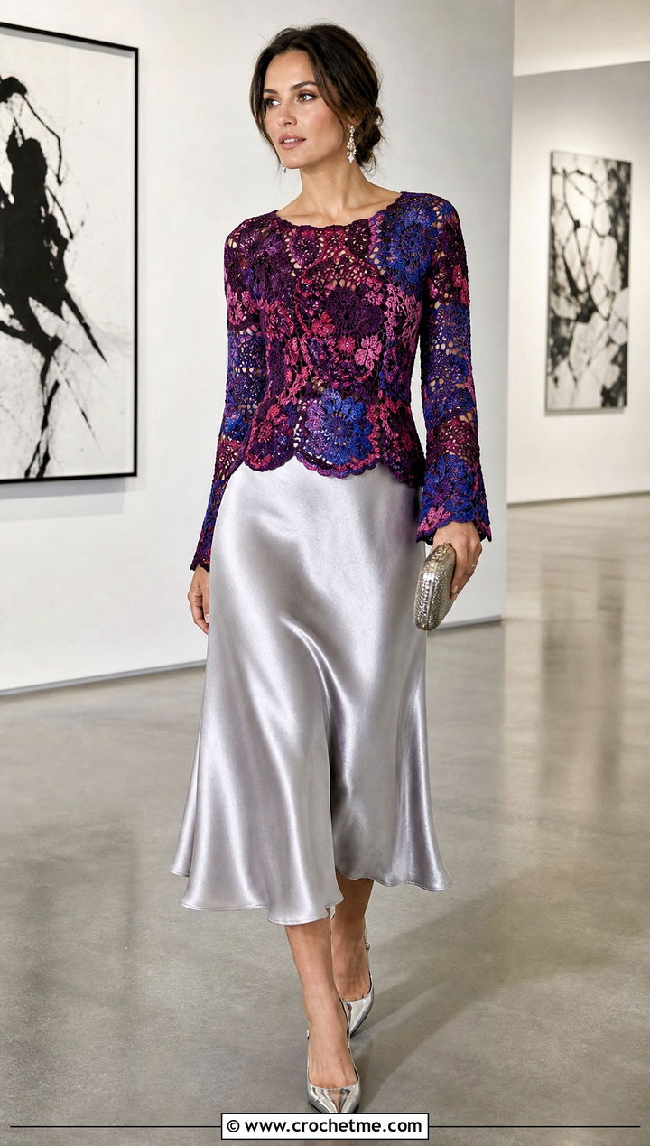 Multicolor Long Sleeve Crochet Top With Satin Midi Skirt - 35 multicolor crochet top outfit ideas