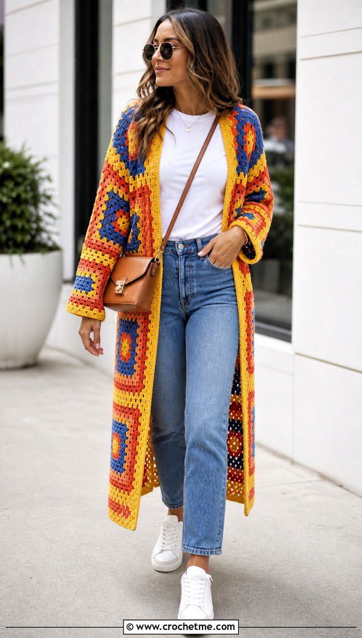 Multicolor Longline Granny Square Duster With Jeans - 35 granny square duster outfit ideas