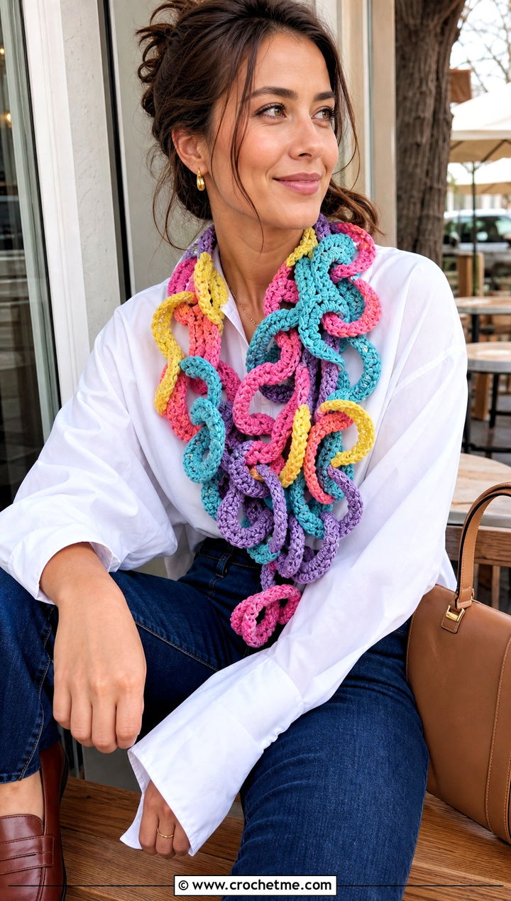 Multicolor Loop Scarf With White Shirt And Jeans - 25 Crochet Chain Link Scarf outfit ideas