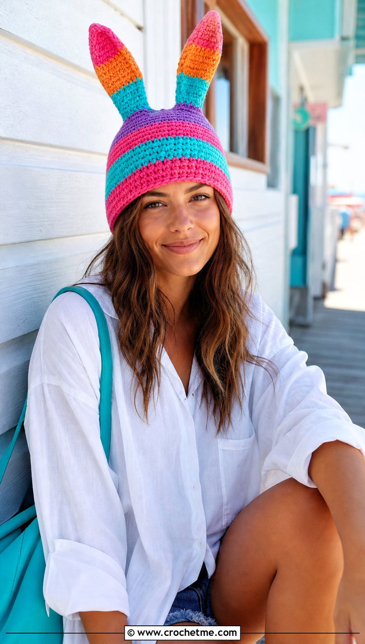 Multicolor Louise Crochet Bunny Ear Hat With White Shirt And Denim Shorts - 25 Louise Crochet Hat outfit ideas