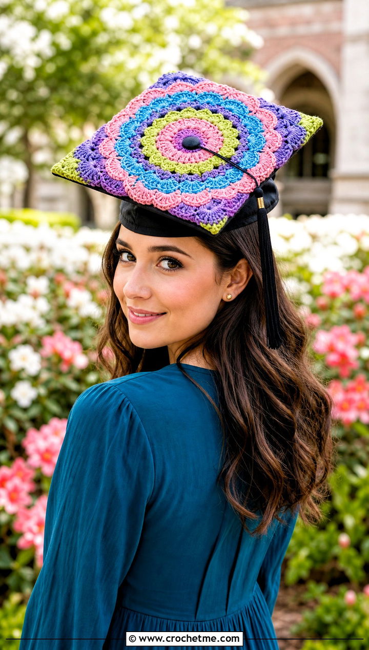Multicolor Mandala Crochet Graduation Cap Cover With Maxi Dress - 30 crochet graduation cap cover outfit ideas