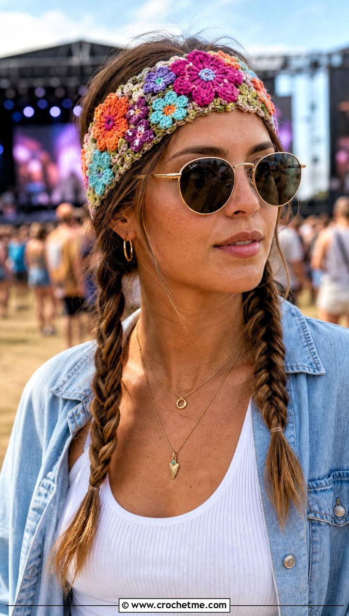 Multicolor Meadow Elastic Crochet Headband With Festival Outfit - 15 crochet flower headband with elastic outfit ideas
