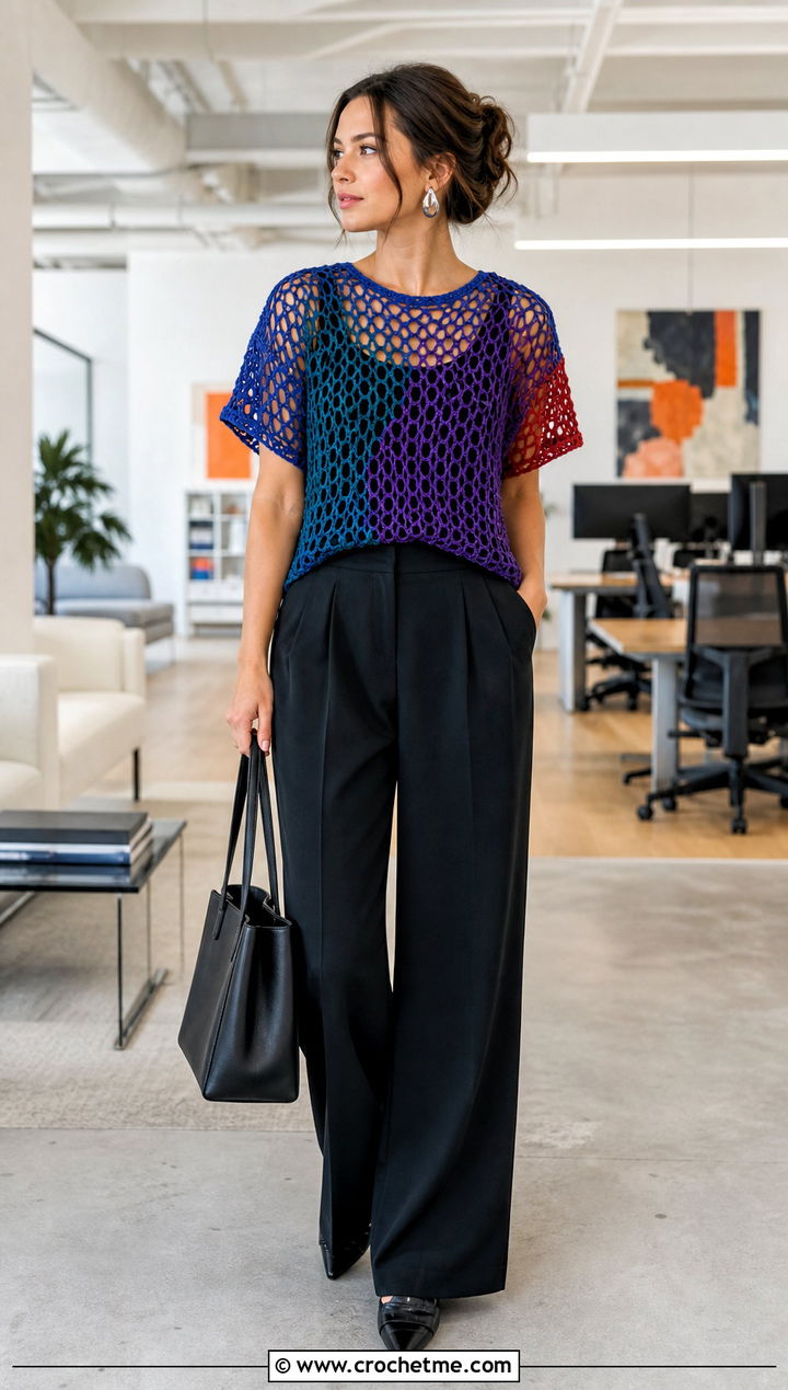 Multicolor Mesh Crochet Tee With Black Tailored Trousers - 35 multicolor crochet top outfit ideas