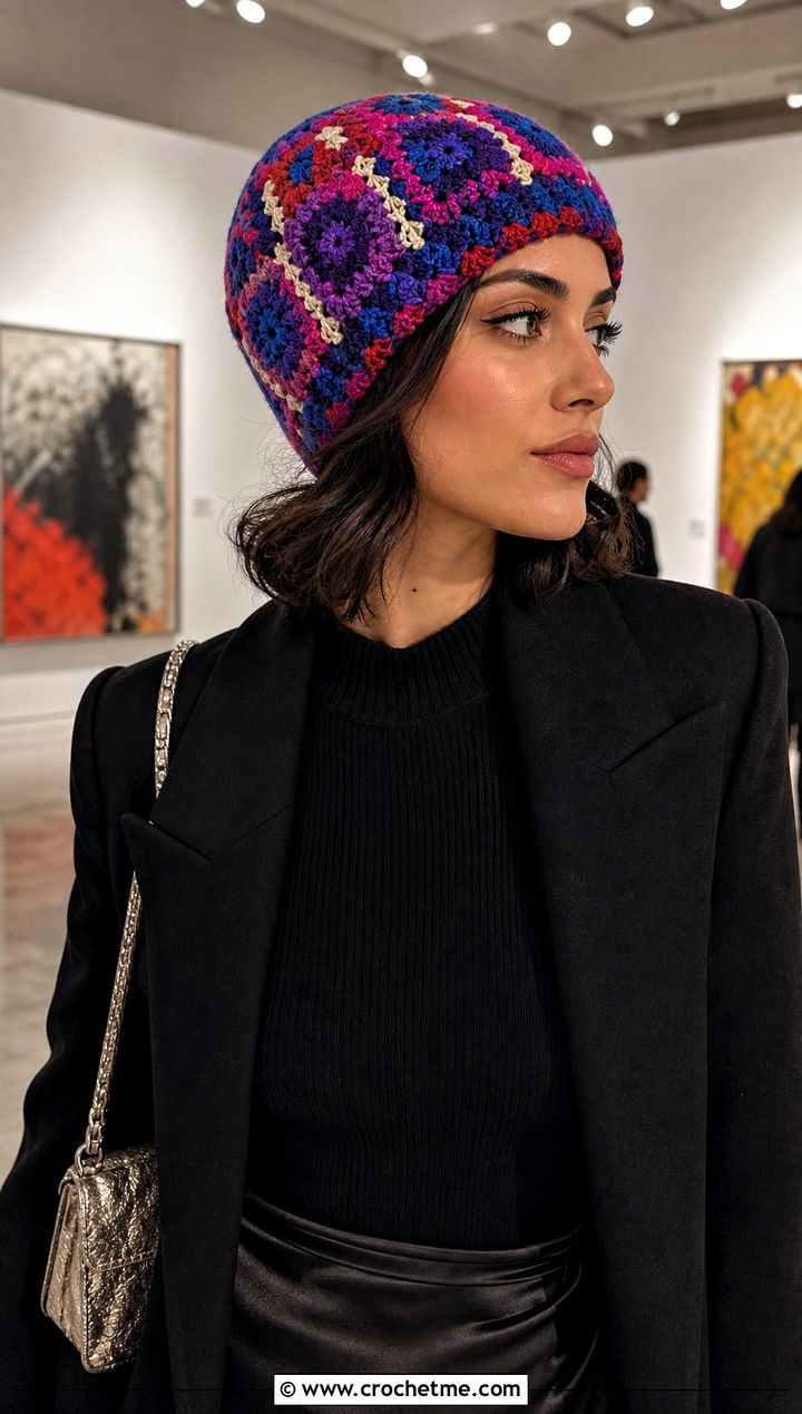 Multicolor Mosaic Crochet Beanie With Evening Outfit - 25 Mosaic Crochet Beanie outfit ideas