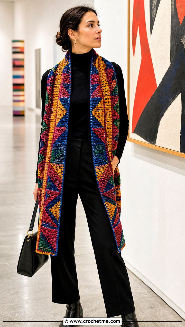 Multicolor Mosaic Crochet Scarf With Minimal Black Outfit - 25 Mosaic Crochet Scarf outfit ideas