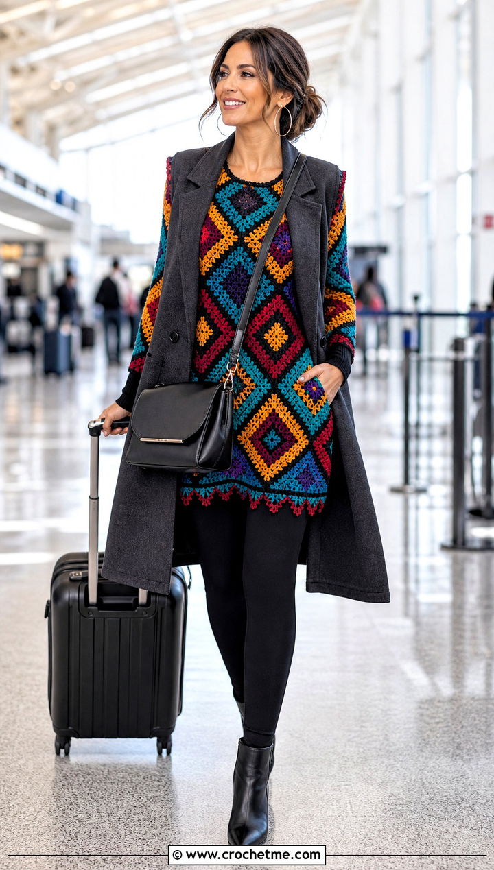 Multicolor Mosaic Crochet Tunic Top With Leggings - 35 multicolor crochet top outfit ideas