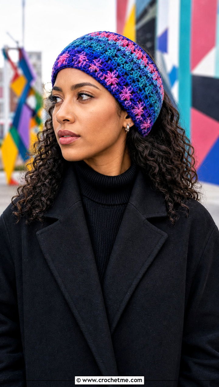Multicolor Mosaic Crochet Winter Wonderland Headband With Monochrome Coat - 15 Mosaic Crochet Winter Wonderland Headband outfit ideas