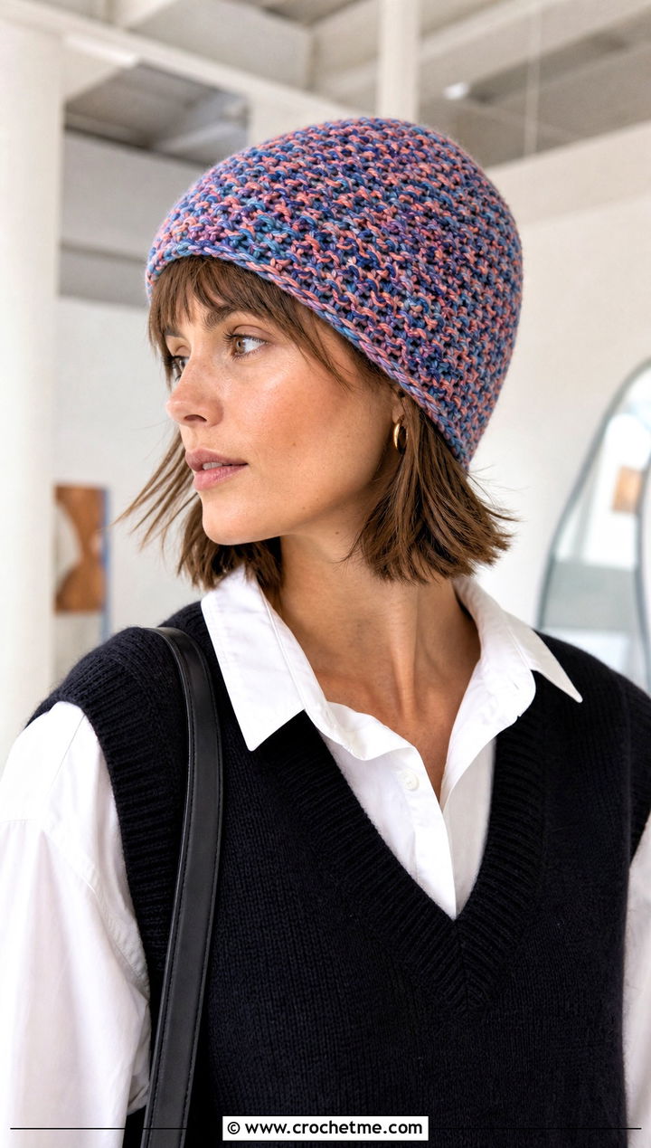 Multicolor Moss Stitch Beanie With White Shirt - 20 Crochet Moss Stitch Beanie outfit ideas