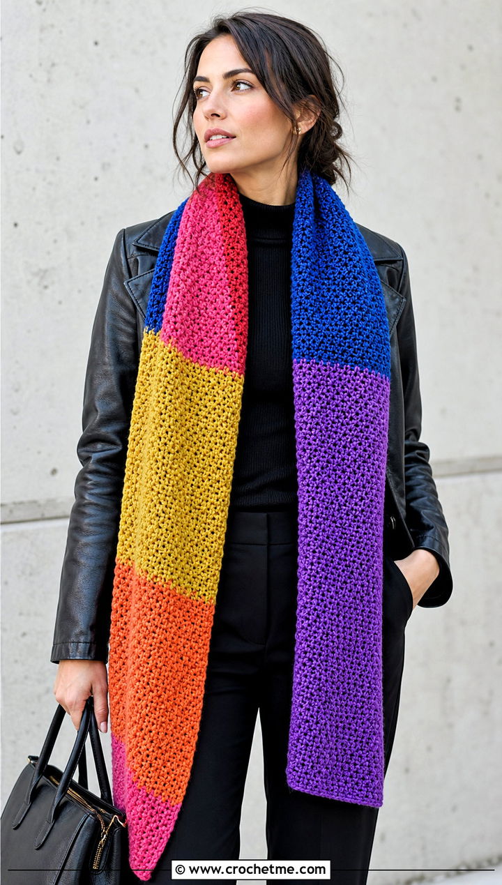 Multicolor Moss Stitch Crochet Scarf With Black Column Outfit - 25 Moss Stitch Crochet Scarf outfit ideas