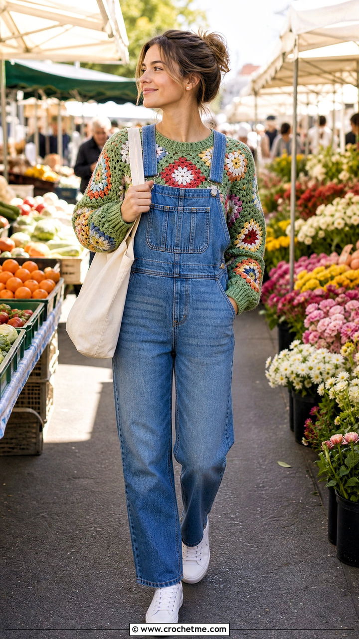 Multicolor Motif Crochet Jumper With Denim Overalls - 35 crochet jumper outfit ideas