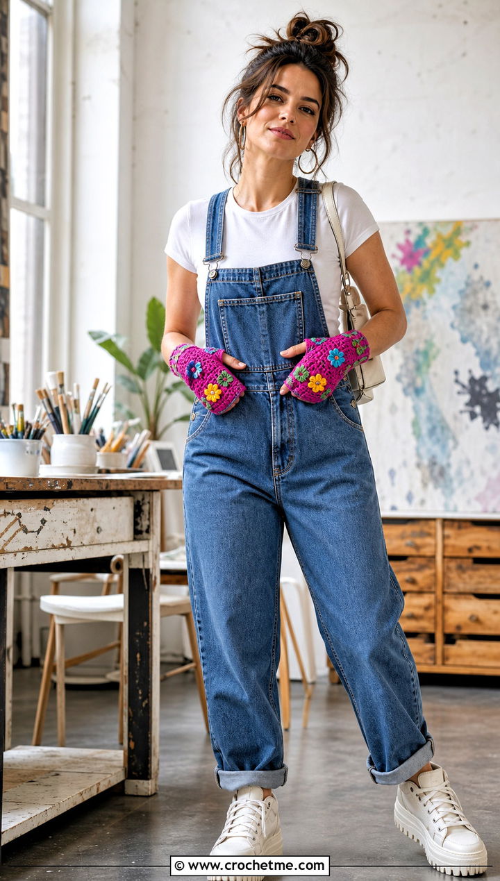 Multicolor Motif Crochet Lace Gloves With Overalls - 30 crochet lace gloves outfit ideas