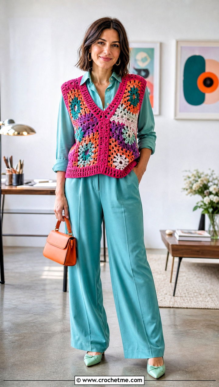 Multicolor Motif Crochet V Neck Sweater Vest With Matching Separates - 25 crochet v neck sweater vest outfit ideas
