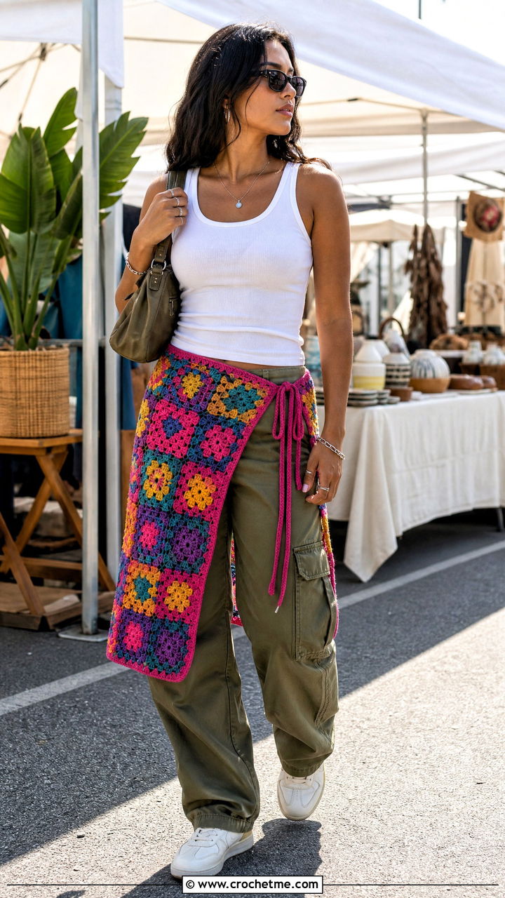 Multicolor Motif Crochet Wrap Skirt With Cargo Pants And Tank - 35 crochet cover up skirts outfit ideas
