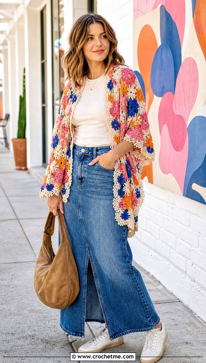 Multicolor Motif Irish Crochet Shawl With Denim Maxi Skirt - 20 Irish Crochet Shawl outfit ideas