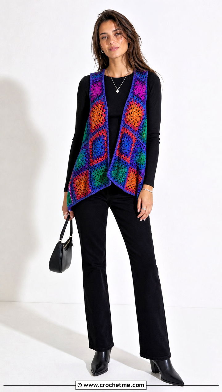 Multicolor Motif Open Front Crochet Vest With Simple Black Outfit - 25 crochet open front vest outfit ideas