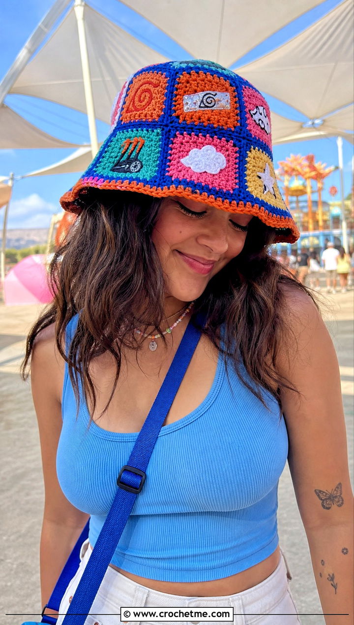 Multicolor Naruto Granny Square Bucket Hat With White Jeans - 25 naruto crochet hat outfit ideas