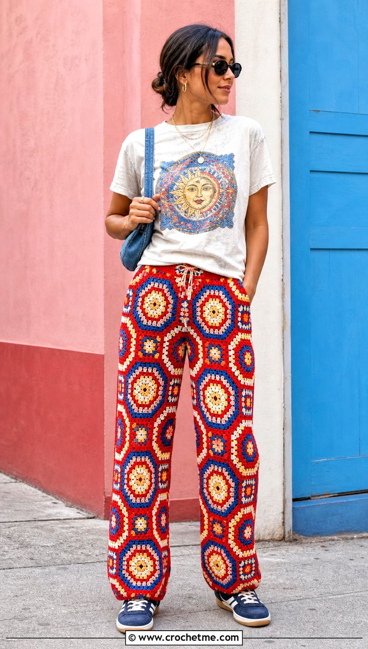 Multicolor Octagon Pants With Graphic Tee - 15 Crochet Octagon Pants outfit ideas