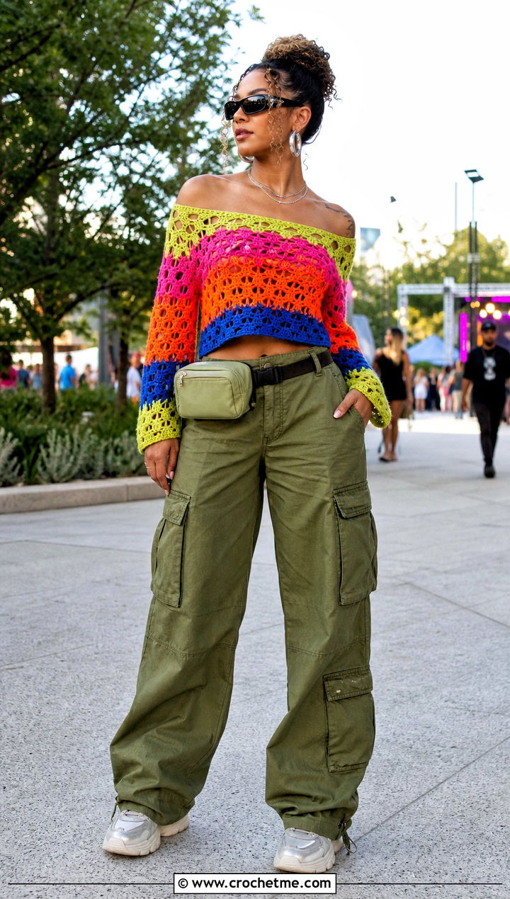 Multicolor Off Shoulder Crochet Top With Cargo Pants - 35 multicolor crochet top outfit ideas