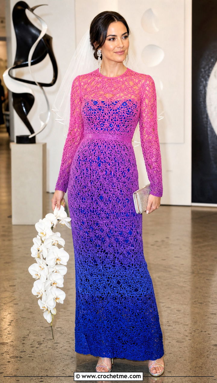 Multicolor Ombre Long Sleeve Crochet Wedding Dress With Metallic Heels - 15 long sleeve crochet wedding dress outfit ideas