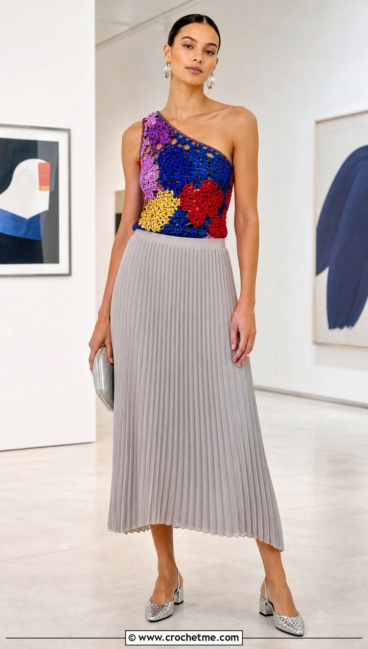 Multicolor One Shoulder Crochet Top With Pleated Midi Skirt - 35 multicolor crochet top outfit ideas