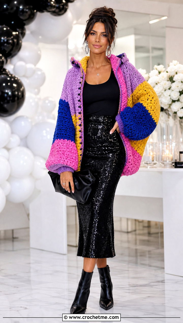 Multicolor Oversized Chunky Crochet Hoodie With Sequin Skirt - 25 crochet chunky hoodie outfit ideas