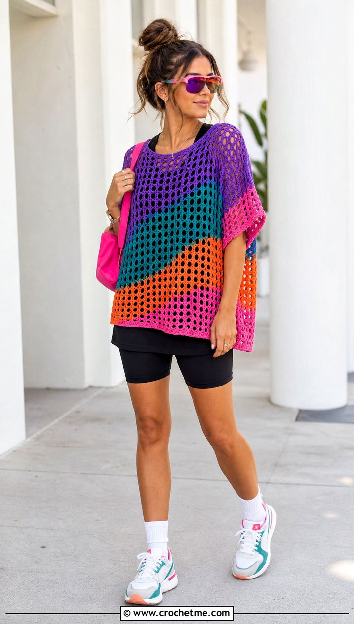 Multicolor Oversized Crochet Tee With Bike Shorts - 35 multicolor crochet top outfit ideas