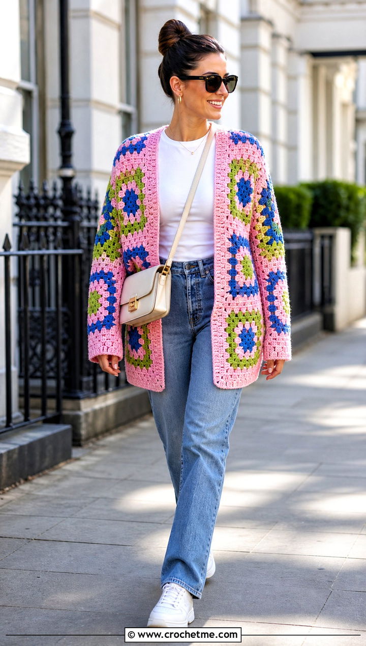 Multicolor Oversized Granny Square Cardigan With Straight Leg Jeans - 25 Oversized Granny Square Cardigan outfit ideas