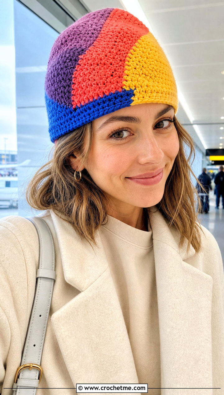 Multicolor Panel Crochet Short Row Beanie With Monochrome Outfit - 20 Crochet Short Row Beanie outfit ideas