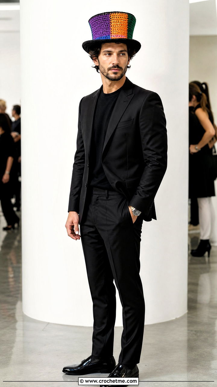 Multicolor Patchwork Crochet Top Hat With Modern Formalwear - 35 mens crochet hats outfit ideas