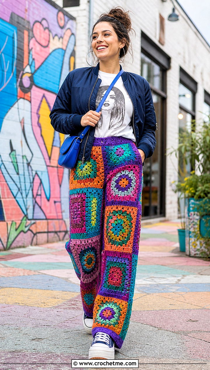 Multicolor Patchwork Crochet Wide Leg Pants With Graphic T Shirt - 25 crochet wide leg pants outfit ideas