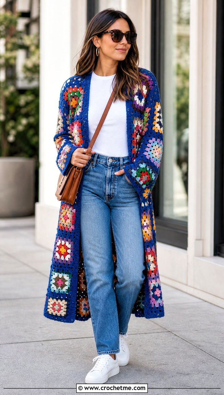 Multicolor Patchwork Granny Square Long Cardigan With Jeans - 25 crochet granny square long cardigan outfit ideas