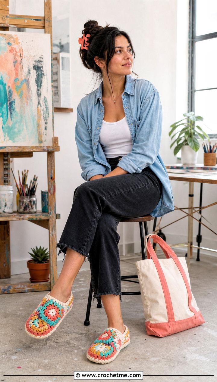Multicolor Patchwork Granny Square Slippers With Denim Shirt - 25 Crochet Granny Square Slippers outfit ideas