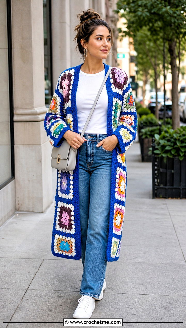 Multicolor Patchwork Long Granny Square Cardigan With Straight Leg Jeans - 35 long granny square cardigan outfit ideas