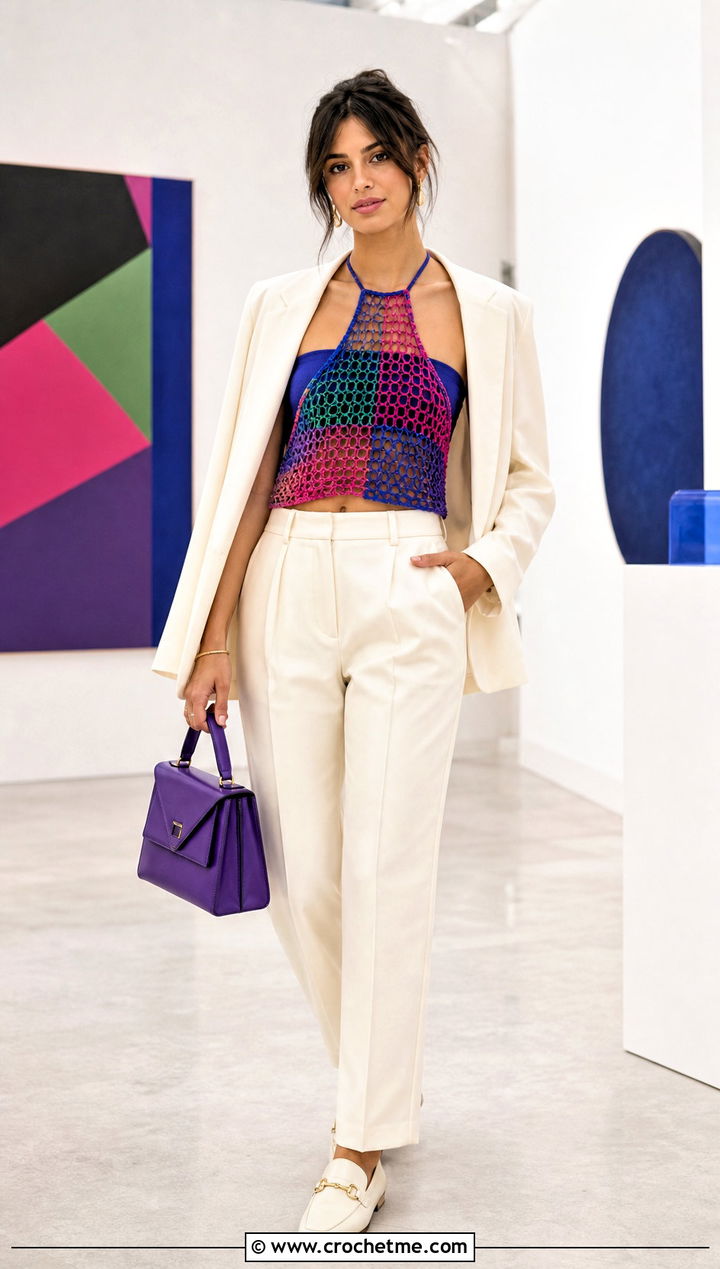 Multicolor Patchwork Mesh Halter Top With Cream Suiting - 30 Crochet Mesh Halter Top outfit ideas