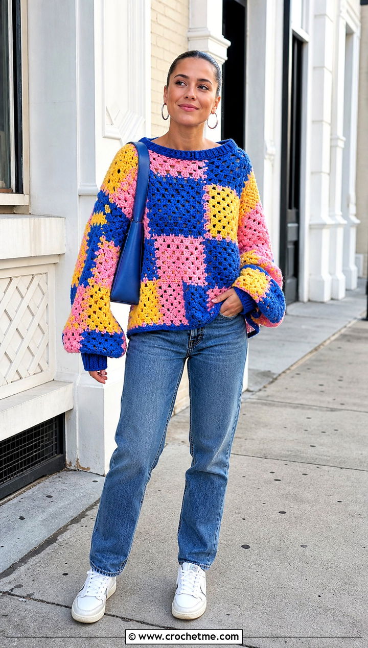 Multicolor Patchwork Oversized Granny Square Sweater With Straight Leg Jeans - 30 oversized granny square sweater outfit ideas