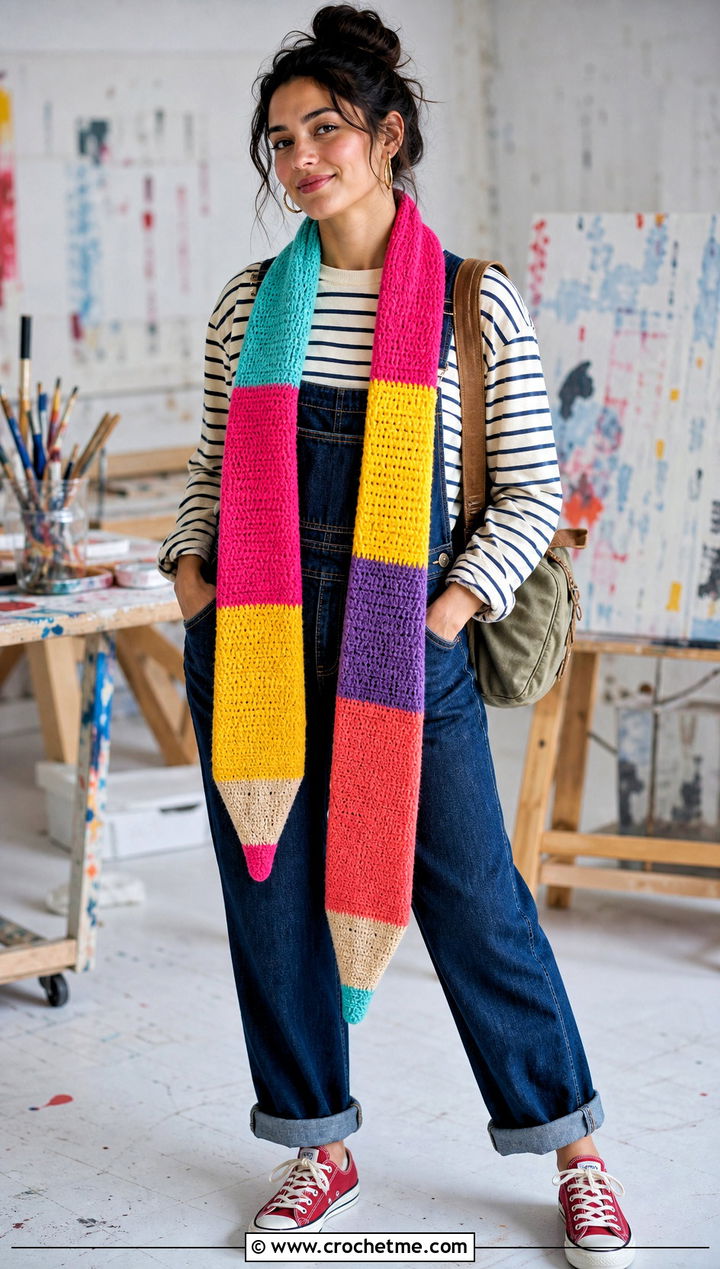 Multicolor Pencil Crochet Scarf With Overalls - 30 Pencil Crochet Scarf outfit ideas