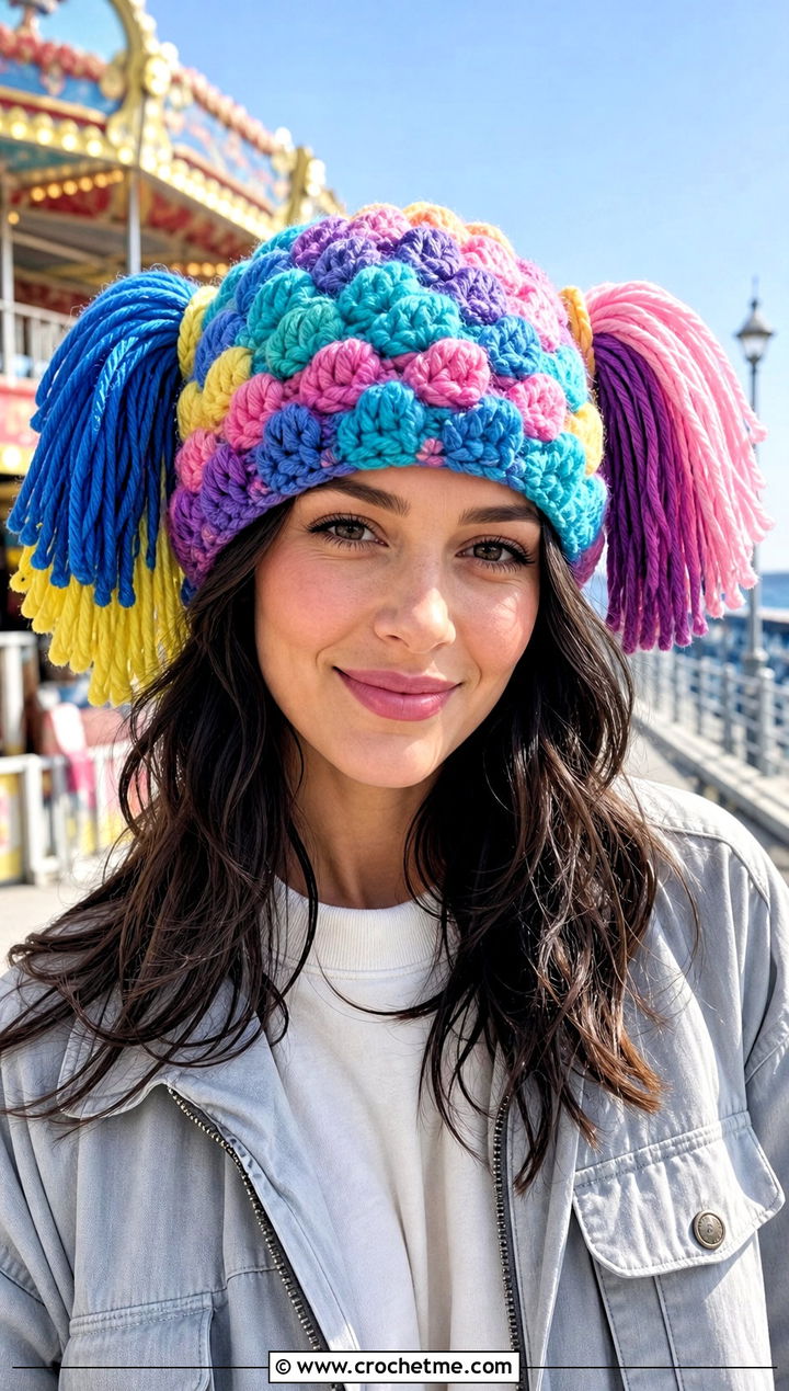 Multicolor Pigtail Cabbage Patch Crochet Hat With White Separates - 25 Cabbage Patch Crochet Hat outfit ideas