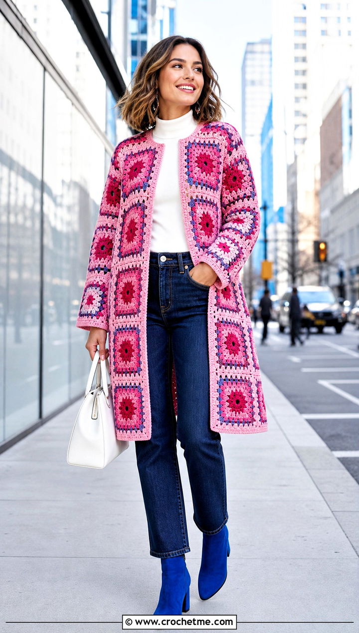 Multicolor Pink Granny Square Coat With Simple Separates - 35 pink crochet outfit ideas