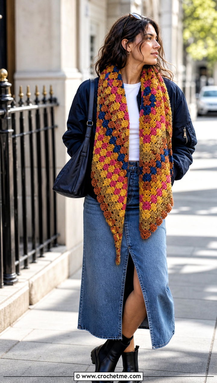 Multicolor Pixel C C Scarf With Bomber Jacket And Denim Skirt - 35 c2c crochet scarf outfit ideas
